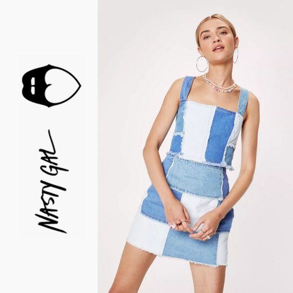 NWT Square Neck Patchwork Denim Mini Skirt 6 - Picture 1 of 13